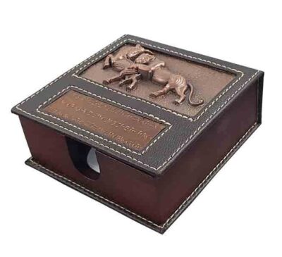 Desk Memo Note Paper Holder Wood and Leather Model Achaemenid Lions