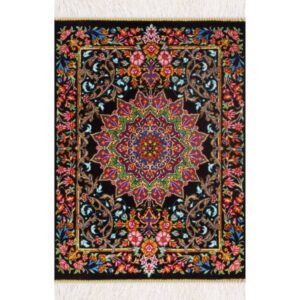 Hand-Knotted Persian Qom Silk Rug (Fine Art Black Floral Contemporary Design) – Black