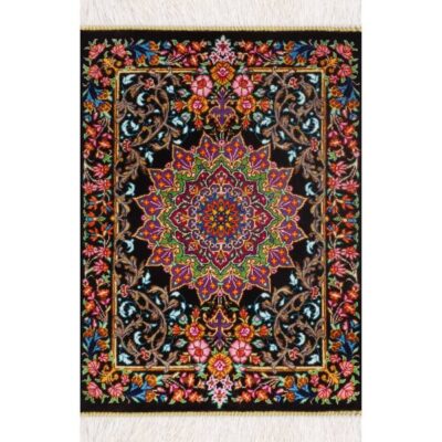 Hand-Knotted Persian Qom Silk Rug (Fine Art Black Floral Contemporary Design) - Black