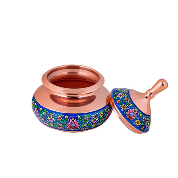 Handcrafted Persian Copper Sugar Bowl with Lid – Minakari Enameled Barman