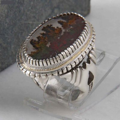 Dendritic Agate Shajar Silver Gemstone Ring for Men – Fog Model, Traditional Persian Design
