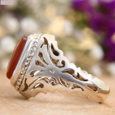 Yemeni Aqeeq Silver Gemstone Ring for Men – Sahand Model, Traditional Persian Design