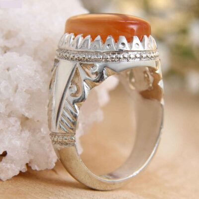Red Yemeni Aqeeq Silver Gemstone Ring for Men – Traditional Persian Design