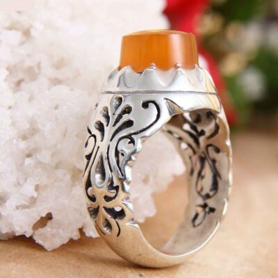 Yemeni Aqeeq Silver Gemstone Ring for Men – Traditional Persian Design