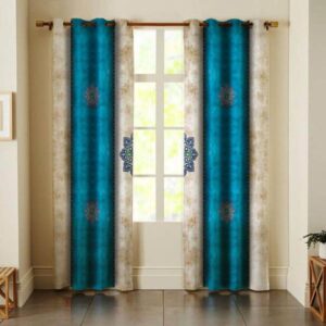 Persian Eyelet Curtain – Printed Velvet Blue Design