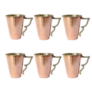 Persian Copper Cup – Set of 6 Handcrafted with Handle for Cold Drinks – Hammered Azari