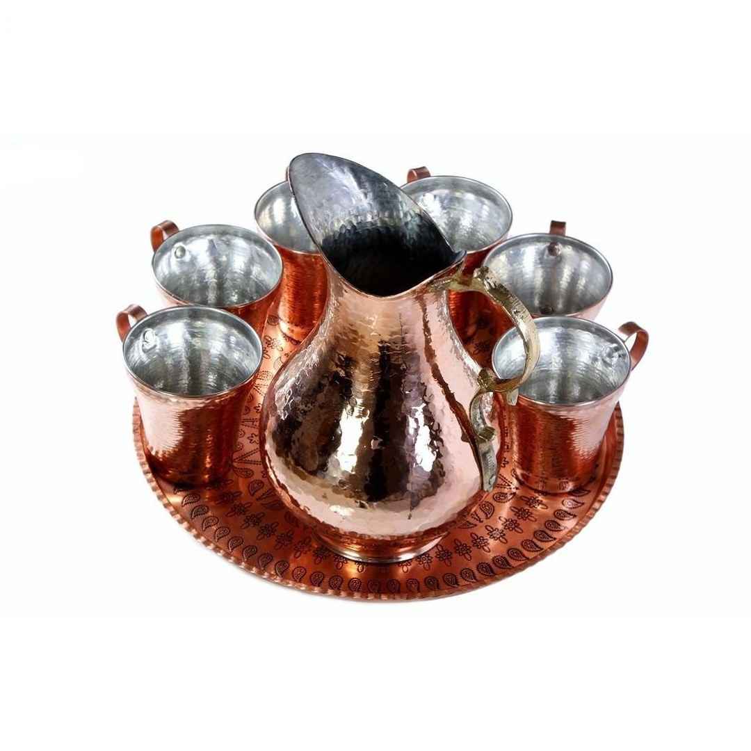 Persian Copper Cup – Set of 8 Handcrafted with Handle for Cold Drinks – Hammered with Pitcher