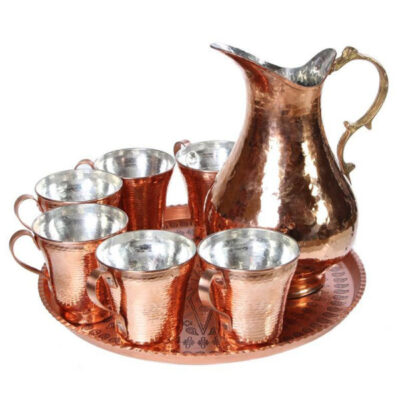 Persian Copper Cup - Set of 8 Handcrafted with Handle for Cold Drinks - Hammered with Pitcher