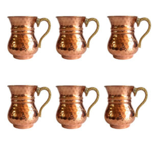 Persian Copper Cup – Set of 6 Handcrafted with Handle for Cold Drinks – Hammered Heart