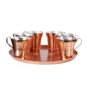 Persian Copper Cup – Set of 7 Handcrafted with Handle for Cold Drinks – Hammered Sun