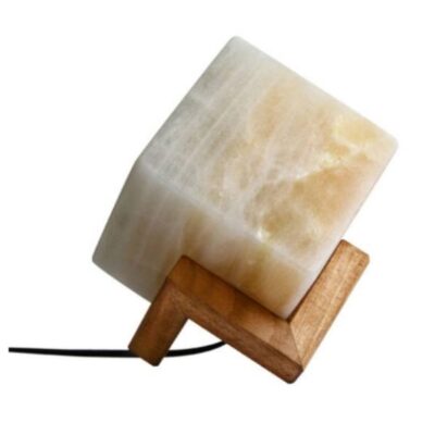Persian Cube Salt Lamp with Mahla Design and Wooden Base for Office and Living Room
