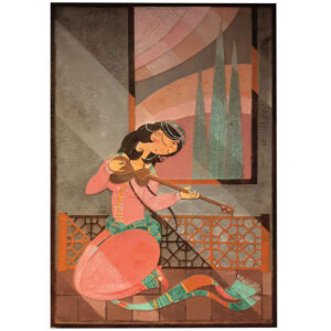Original Persian Abstract Art Painting – Watercolor on Wood, Musician Girl with Setar