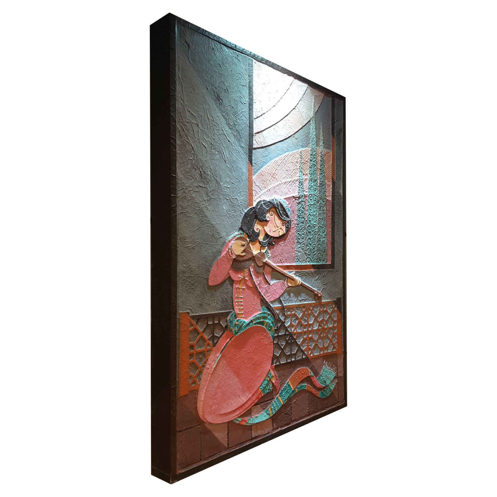 Original Persian Abstract Art Painting – Watercolor on Wood, Musician Girl with Setar