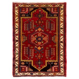 Hand-Knotted Persian Hamadan Ghermez Rug (Tribal Geometric Medallion) – Red Wool