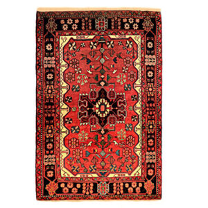 Hand-Knotted Persian Nahavand Nour Rug (Tribal Floral Medallion Pattern) – Red Wool