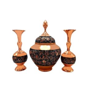 Set of Handcrafted Persian Engraved Copper Vases and Bowl, Featuring a Traditional Floral Design for a Complete Display