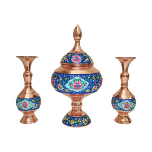 Handcrafted Persian Copper Sugar Bowl with Lid & Vases – Minakari Enameled Lotus