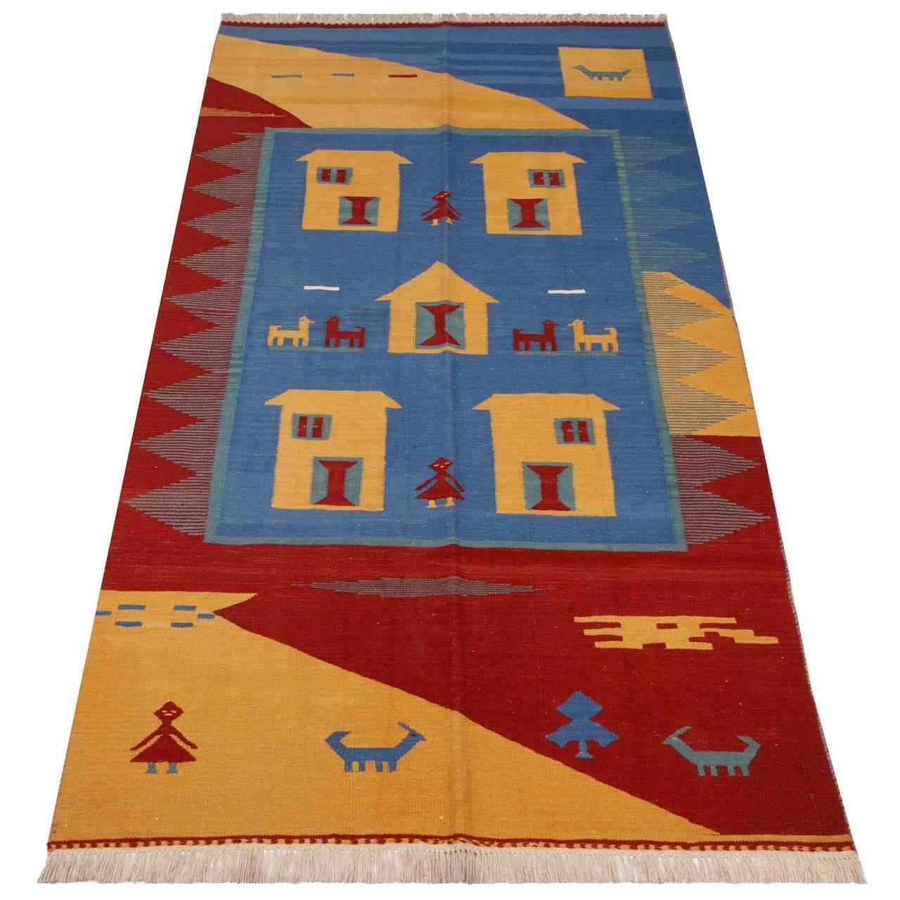 Qajari Blue Animal Motif Kilim Rug – Handwoven Fars Wool
