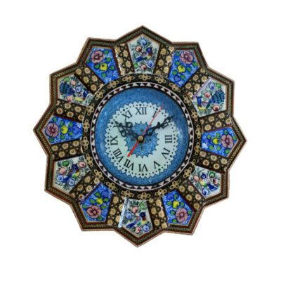 Traditional Persian Khatamkari Wood Wall Clock with Floral Marquetry – Model Darya for Persian-Inspired Interiors
