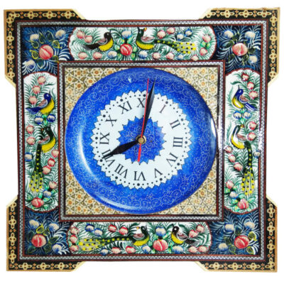Traditional Persian Khatamkari Wall Clock with Floral Marquetry – Square Design for Persian-Inspired Interiors