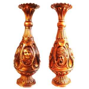 Set of Two Handcrafted Persian Engraved Copper Vases, Featuring a Traditional Pictorial Design for a Classic Look