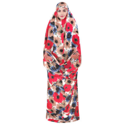 Red Floral Namaz Chador for Women, Traditional Prayer Wear
