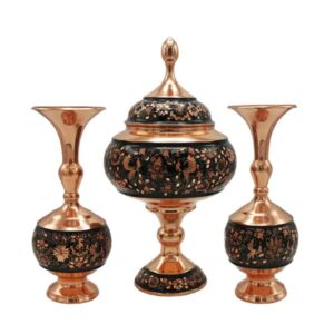 Set of Handcrafted Persian Engraved Copper Vases and Bowl, Featuring the G37 Model with a Traditional Floral Design