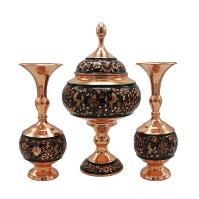 Set of Handcrafted Persian Engraved Copper Vases and Bowl, Featuring the G37 Model with a Traditional Floral Design
