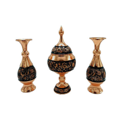 Set of Handcrafted Persian Engraved Copper Vases and Bowl, Featuring the G36 Model with a Beautiful Floral Pattern