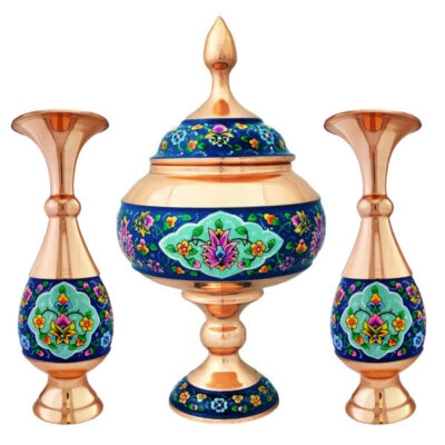 Handcrafted Persian Copper Sugar Bowl with Lid & Vases - Minakari Enameled Flower