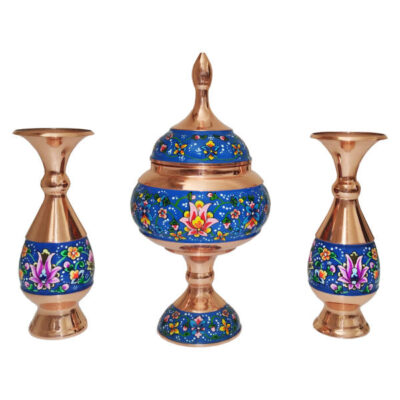 Handcrafted Persian Copper Sugar Bowl with Lid & Vases - Minakari Enameled Artistic