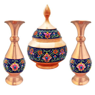 Handcrafted Persian Copper Sugar Bowl with Lid & Vases - Minakari Enameled