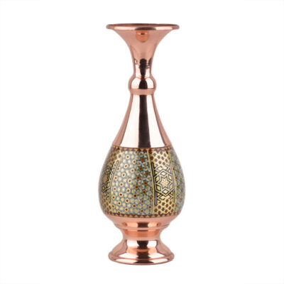 Persian Decorative Copper Vase Handcrafted with Khatamkari Marquetry Art, Featuring the Ch20 Geometric Design
