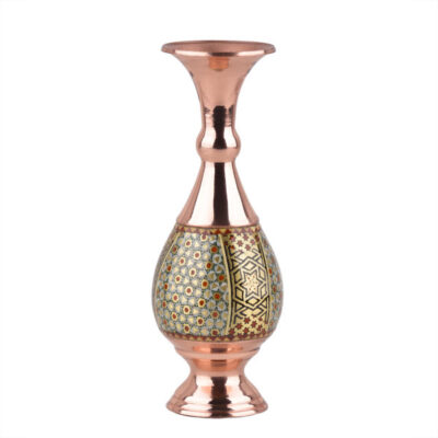 Persian Decorative Copper Vase Handcrafted with Khatamkari Marquetry Art, Featuring the Honarlux Geometric Motif for High-End Decor