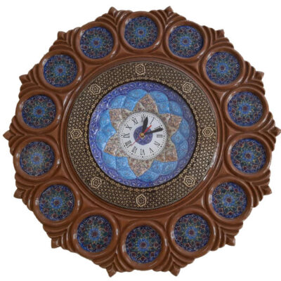 Artistic Persian Minakari Enamel Wood Wall Clock with Geometric Design – Handcrafted Decor for Living Rooms, Model Navy Blue