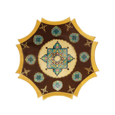 Hand-Painted Persian Pottery Decorative Display Plate, Light Brown Geometric Design