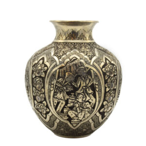 Handcrafted Persian Engraved Copper Vase with a Leili and Majnoon Design, Perfect for Displaying Single Stems with Floral Art