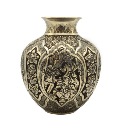 Handcrafted Persian Engraved Copper Vase with a Leili and Majnoon Design, Perfect for Displaying Single Stems with Floral Art