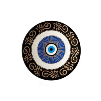 Hand-Painted Persian Pottery Decorative Display Plate, Black Evil Eye Design