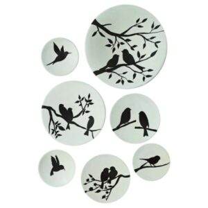 Set of 7 Hand-Painted Decorative Pottery Wall Plate Sparrow