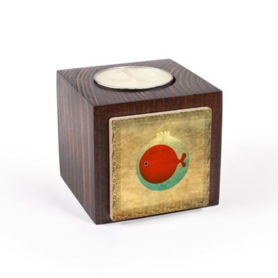 Set of 2 Persian Wooden Cube Tealight Candle Holders, Golden Fish Design, Minimalist Décor
