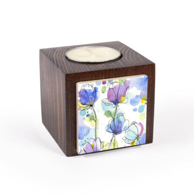 Set of 2 Persian Wooden Cube Tealight Candle Holders, Purple Flower Design, Minimalist Floral Décor
