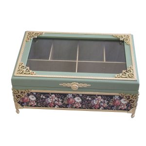 Blue Accent Tea Organizer Chest – Wooden Box with Storage Compartments