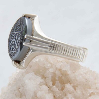 Hematite Silver Gemstone Ring for Men – Islamic Calligraphy, Traditional Persian Design