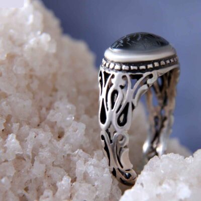 Hematite Silver Gemstone Ring for Men – Islamic Calligraphy, Traditional Persian Design