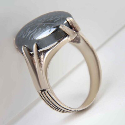 Hematite Silver Gemstone Ring for Men – Islamic Calligraphy, Traditional Persian Design