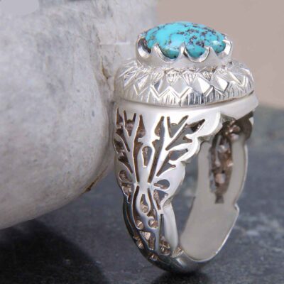 Neyshabur Turquoise Silver Gemstone Ring – Mahan Model, Traditional Persian Design