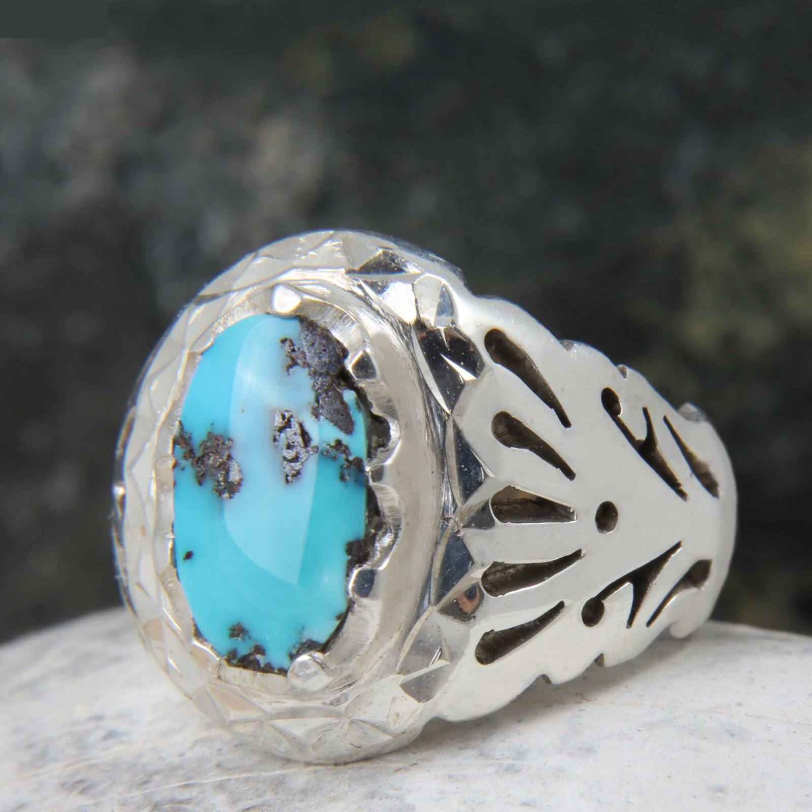 Persian Silver Ring with Neyshabur Turquoise Mihani