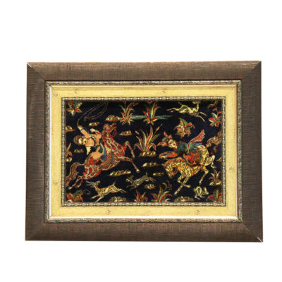 Hand-Knotted Persian Silk Pictorial Wall Hanging Rug – Hunting Scene, Qom