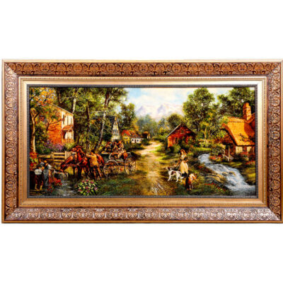 Hand-Knotted Persian Silk Pictorial Wall Hanging Rug – Rural Landscape, Tabriz